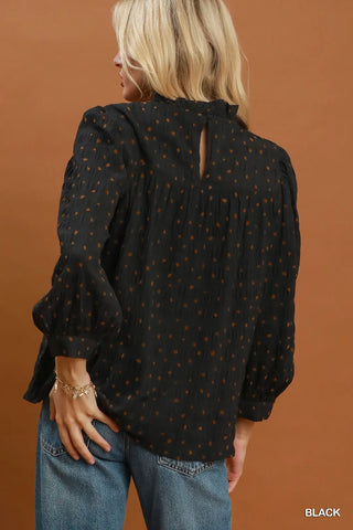 Black Polka Dot Smocked Puff Sleeve Mock Neck Blouse