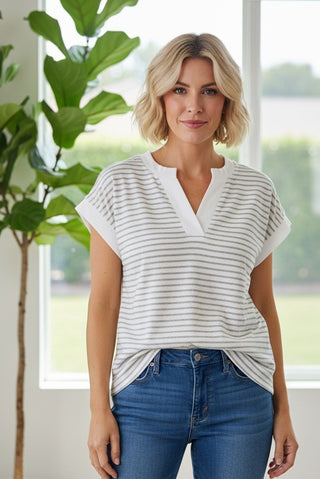 V-Neck SS Terry Striped Top
