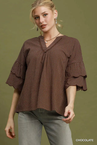 Checkered Tiered Ruffle Sleeve V-Neck Blouse