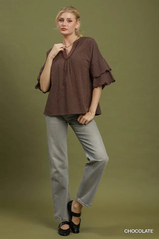 Checkered Tiered Ruffle Sleeve V-Neck Blouse