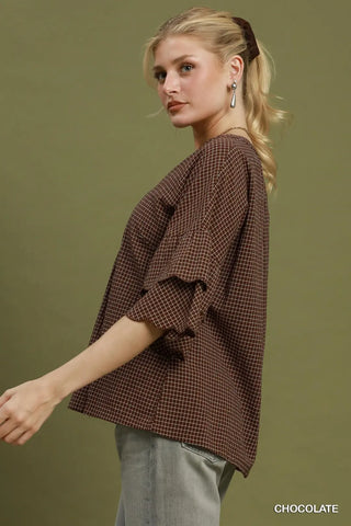 Checkered Tiered Ruffle Sleeve V-Neck Blouse