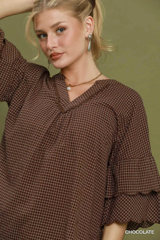 Checkered Tiered Ruffle Sleeve V-Neck Blouse