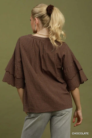 Checkered Tiered Ruffle Sleeve V-Neck Blouse