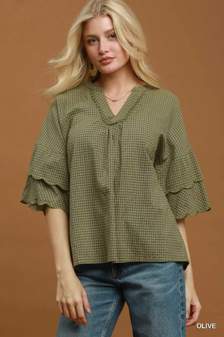 Checkered Tiered Ruffle Sleeve V-Neck Blouse
