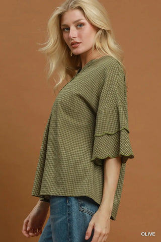 Checkered Tiered Ruffle Sleeve V-Neck Blouse
