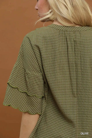 Checkered Tiered Ruffle Sleeve V-Neck Blouse
