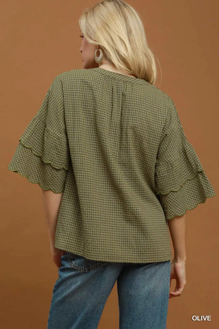 Checkered Tiered Ruffle Sleeve V-Neck Blouse