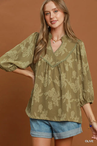 Floral Textured Scalloped V-Neck Babydoll Blouse