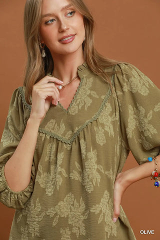 Floral Textured Scalloped V-Neck Babydoll Blouse
