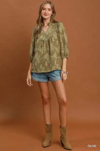Floral Textured Scalloped V-Neck Babydoll Blouse