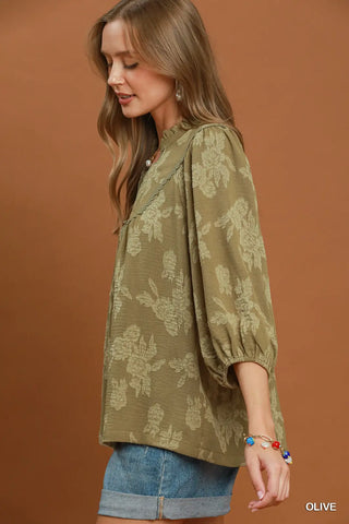 Floral Textured Scalloped V-Neck Babydoll Blouse