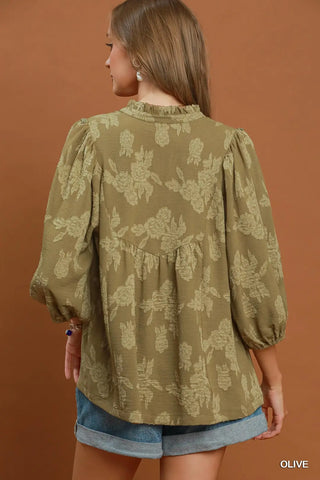 Floral Textured Scalloped V-Neck Babydoll Blouse