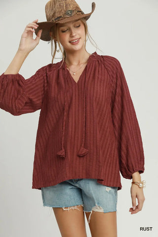 Rust Textured Tie-Neck Balloon Sleeve Raglan Blouse