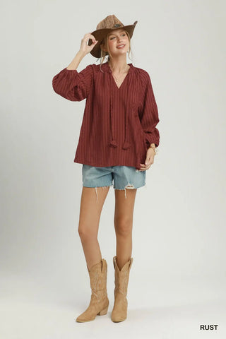 Rust Textured Tie-Neck Balloon Sleeve Raglan Blouse