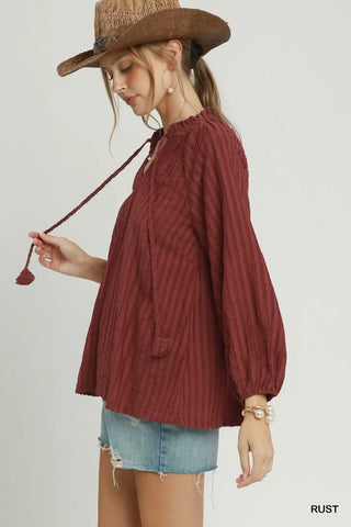 Rust Textured Tie-Neck Balloon Sleeve Raglan Blouse
