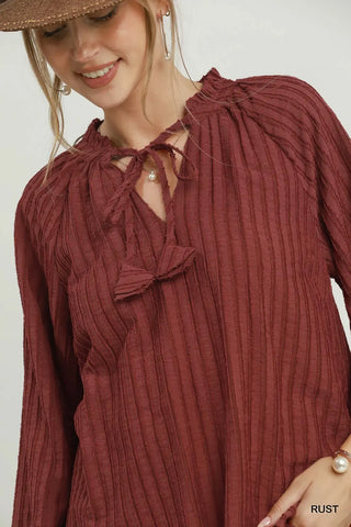 Rust Textured Tie-Neck Balloon Sleeve Raglan Blouse