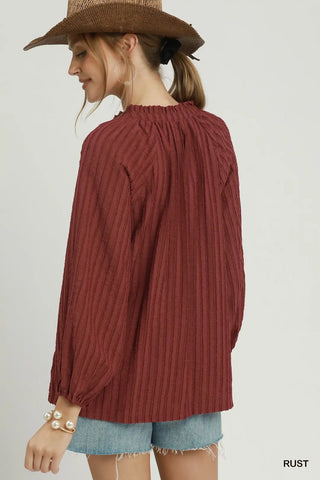 Rust Textured Tie-Neck Balloon Sleeve Raglan Blouse