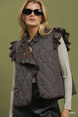 Grey Rev Polka Dot Quilted Ruffle Trim Vest