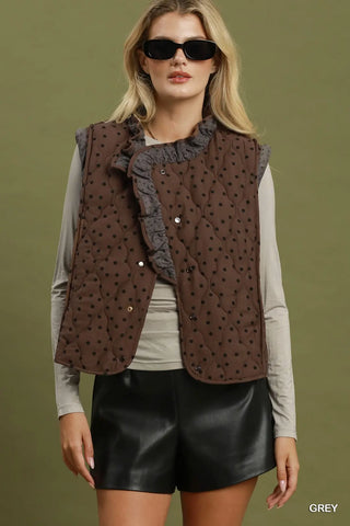 Grey Rev Polka Dot Quilted Ruffle Trim Vest