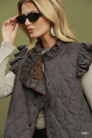 Grey Rev Polka Dot Quilted Ruffle Trim Vest