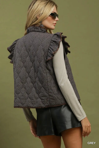 Grey Rev Polka Dot Quilted Ruffle Trim Vest