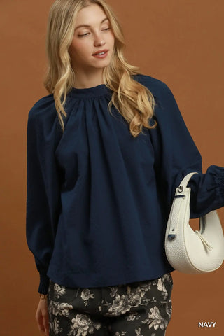 Navy Textured Gathered Neck Balloon Sleeve Bow Top