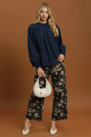 Navy Textured Gathered Neck Balloon Sleeve Bow Top