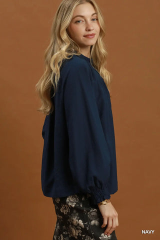 Navy Textured Gathered Neck Balloon Sleeve Bow Top