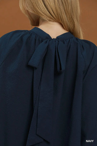 Navy Textured Gathered Neck Balloon Sleeve Bow Top