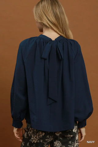 Navy Textured Gathered Neck Balloon Sleeve Bow Top