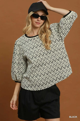 Floral Jacquard Contrast Trim Puff Sleeve Top