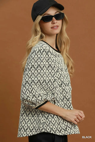 Floral Jacquard Contrast Trim Puff Sleeve Top