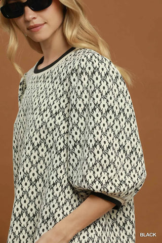 Floral Jacquard Contrast Trim Puff Sleeve Top