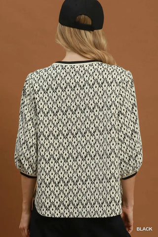 Floral Jacquard Contrast Trim Puff Sleeve Top