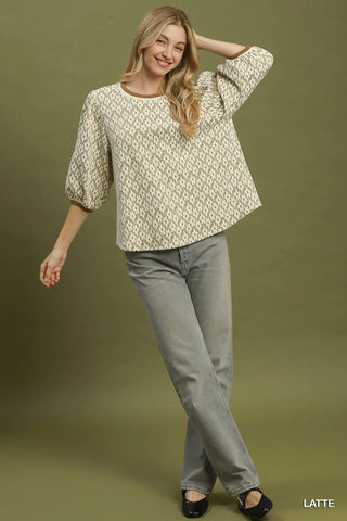 Floral Jacquard Contrast Trim Puff Sleeve Top