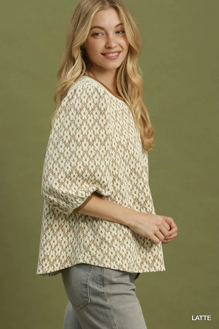 Floral Jacquard Contrast Trim Puff Sleeve Top
