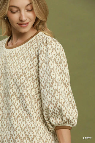 Floral Jacquard Contrast Trim Puff Sleeve Top