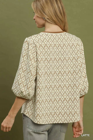 Floral Jacquard Contrast Trim Puff Sleeve Top