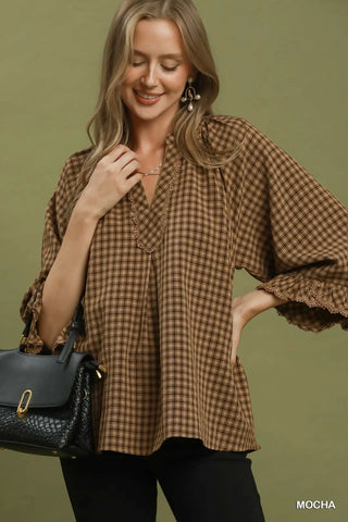 Mocha Plaid Lace Trim 3/4 Sleeve Blouse