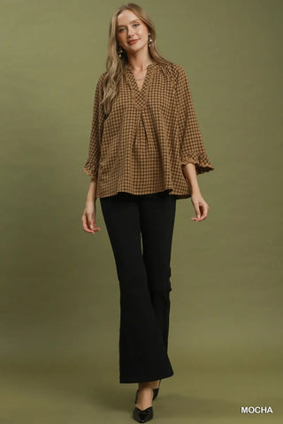 Mocha Plaid Lace Trim 3/4 Sleeve Blouse