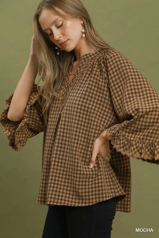 Mocha Plaid Lace Trim 3/4 Sleeve Blouse