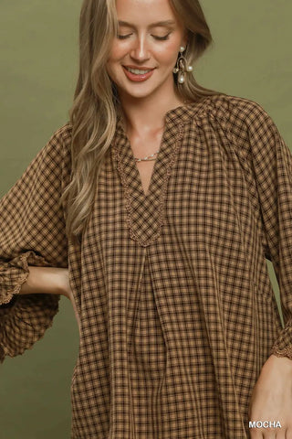 Mocha Plaid Lace Trim 3/4 Sleeve Blouse