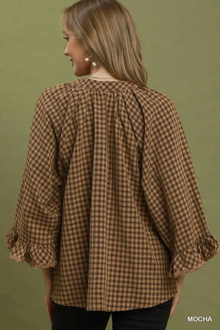 Mocha Plaid Lace Trim 3/4 Sleeve Blouse