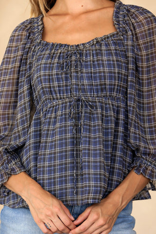 Blue Grey Woven Plaid Peplum Blouse