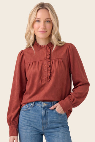 Frilled Half Button Neck Suede Blouse