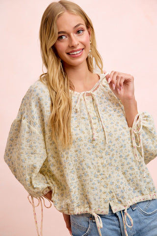 Adjustable Neck/Sleeve Floral Blouse