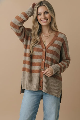 Caramel Taupe Curvy Stripe Popcorn V-Neck Cardigan