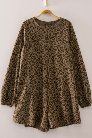 Mocha Leopard Print LS Pleated Romper