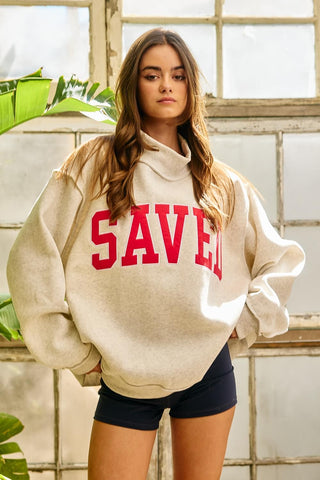 Embroidered "Saved" Mock Neck Sweatshirt