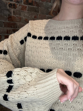 Curvy Spot Stripe Balloon Sleeve Knit Sweater